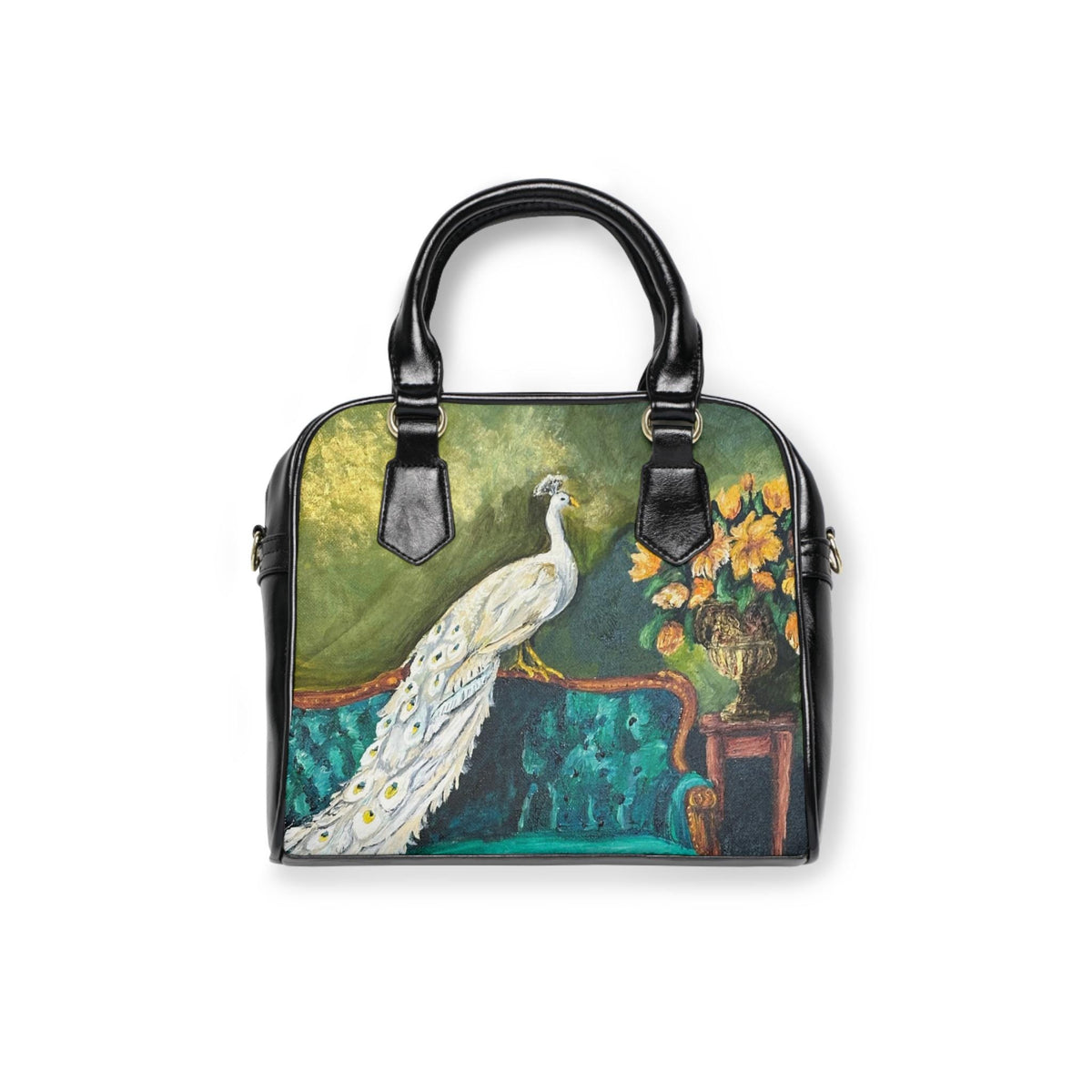 White Peacock Shoulder Bag, Vegan Leather Handbag, Antique Settee Painting Purse (Cottagecore Gift)