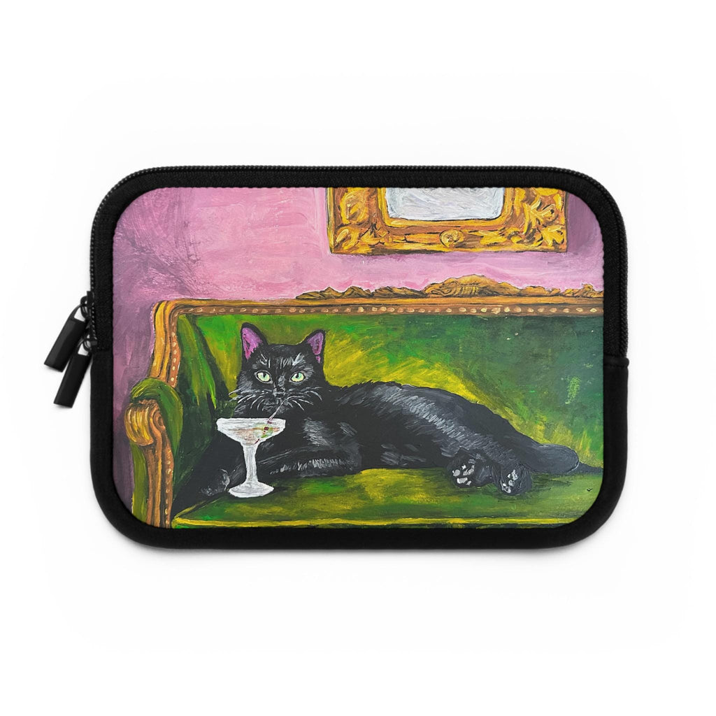 Maximalist Black Cat Martini Laptop Sleeve, Green Velvet Sofa Art (Neoprene Case)