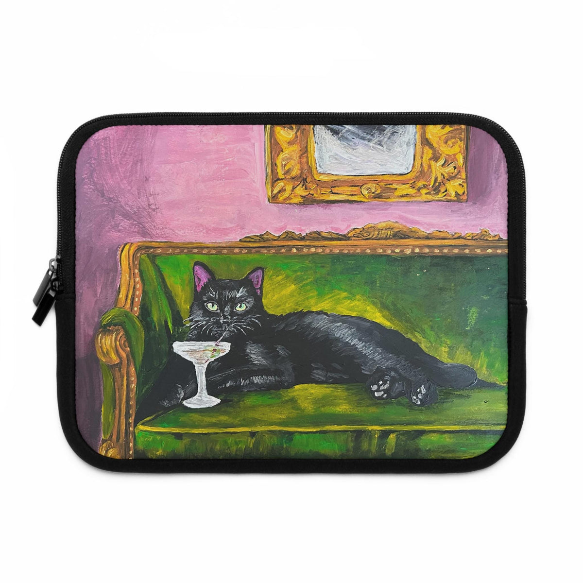 Maximalist Black Cat Martini Laptop Sleeve, Green Velvet Sofa Art (Neoprene Case)