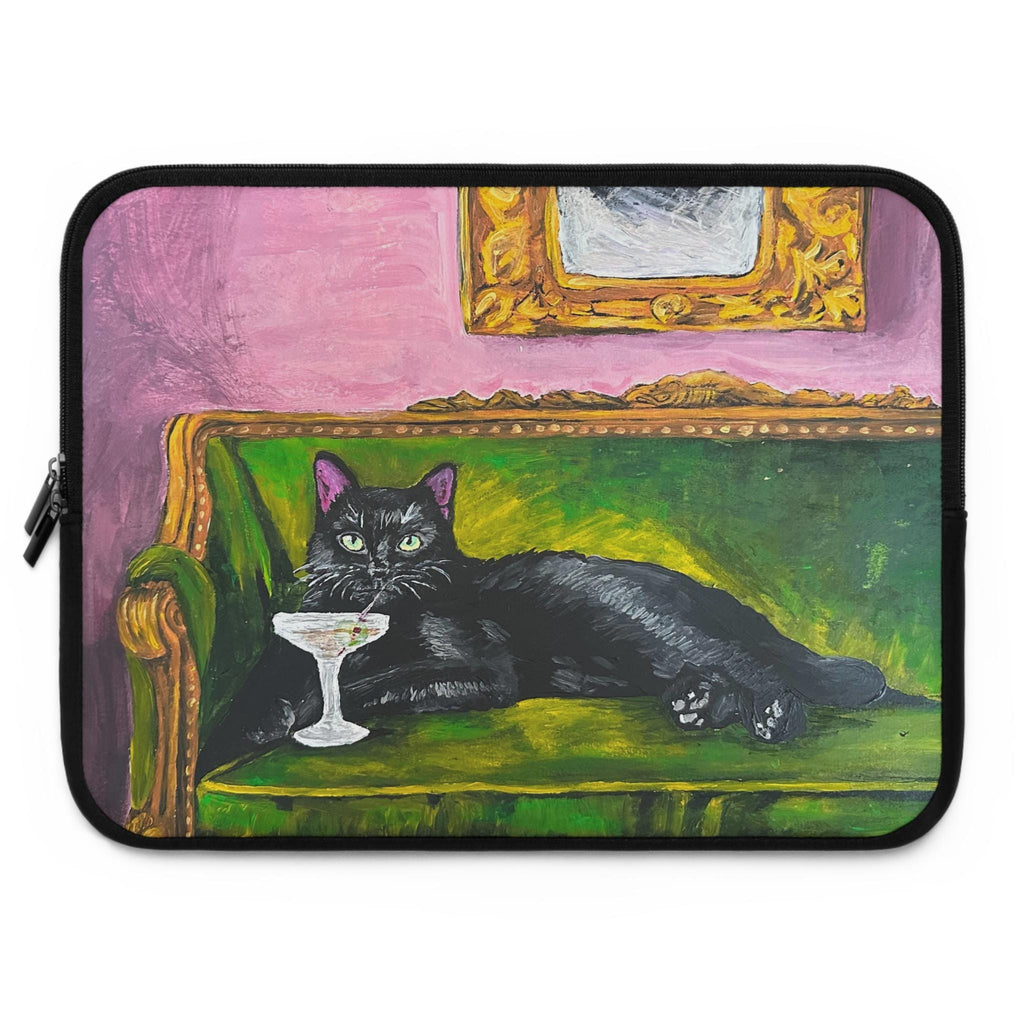 Maximalist Black Cat Martini Laptop Sleeve, Green Velvet Sofa Art (Neoprene Case)