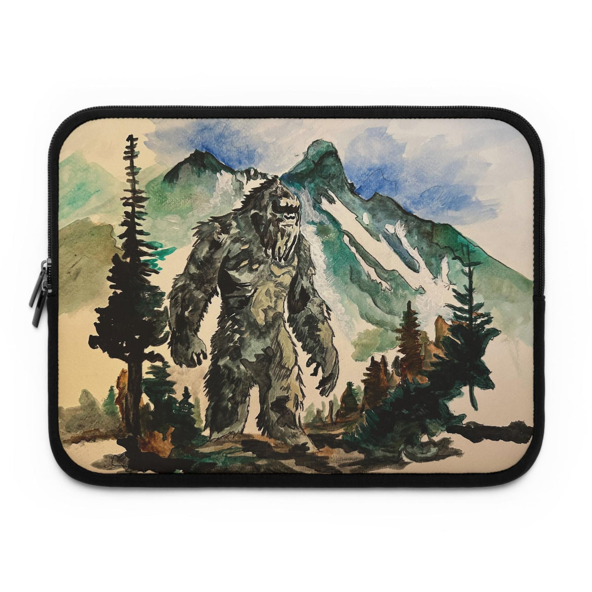 Bigfoot Laptop Sleeve, Watercolor Sasquatch Mountain Art, Neoprene Case (MacBook)