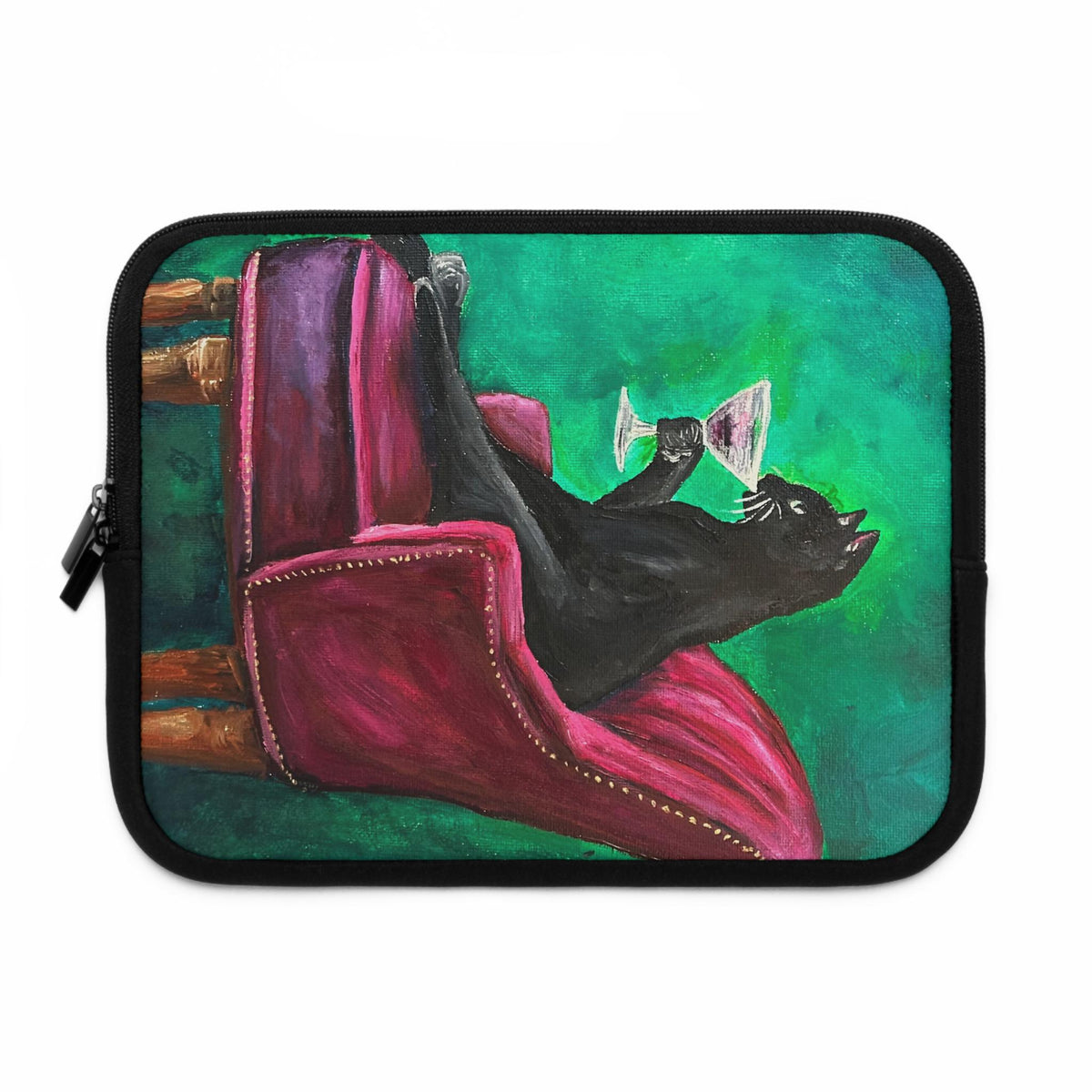 Whimsical Black Cat Cocktail Art Laptop Sleeve, Neoprene MacBook Case (Cat Lover Gift)