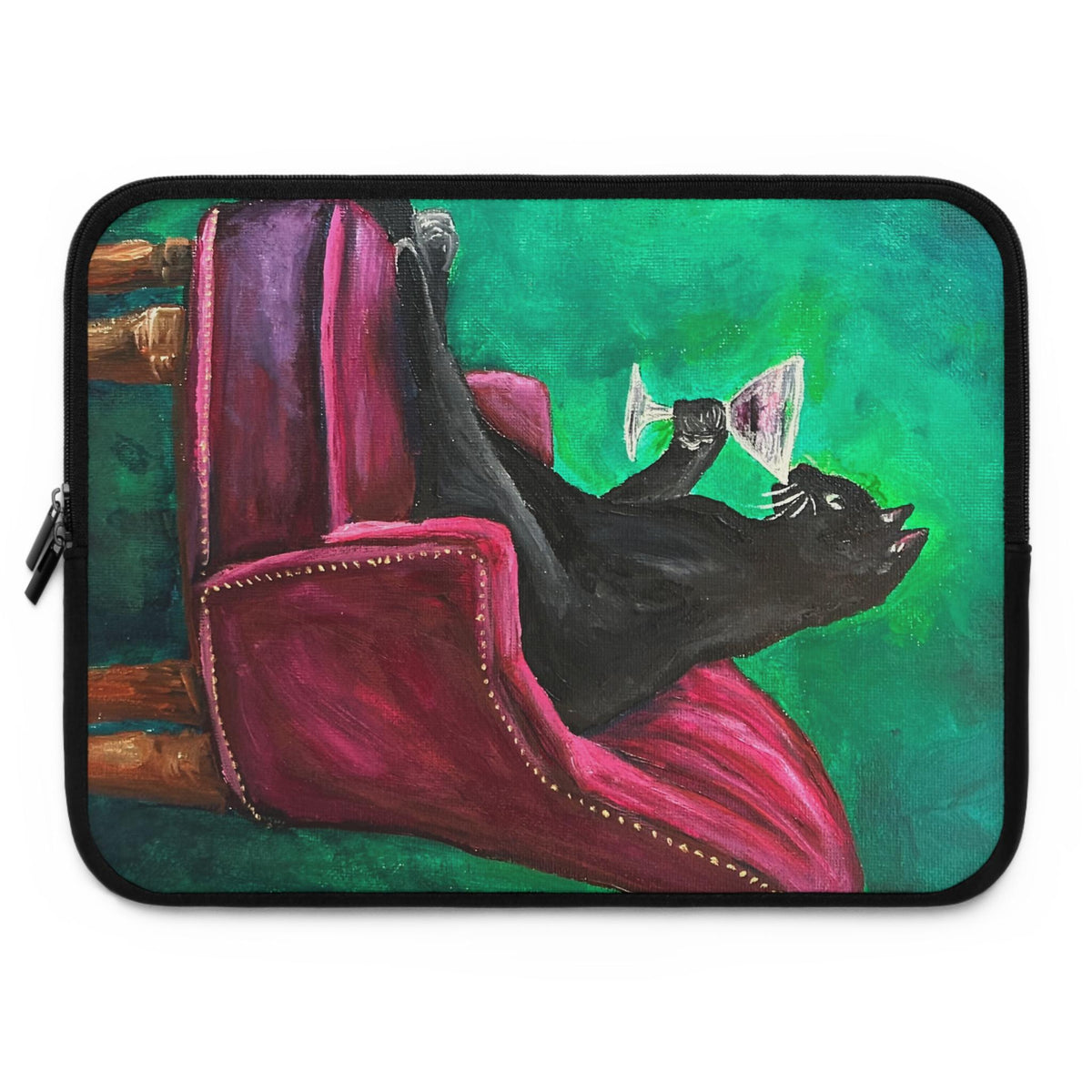 Whimsical Black Cat Cocktail Art Laptop Sleeve, Neoprene MacBook Case (Cat Lover Gift)