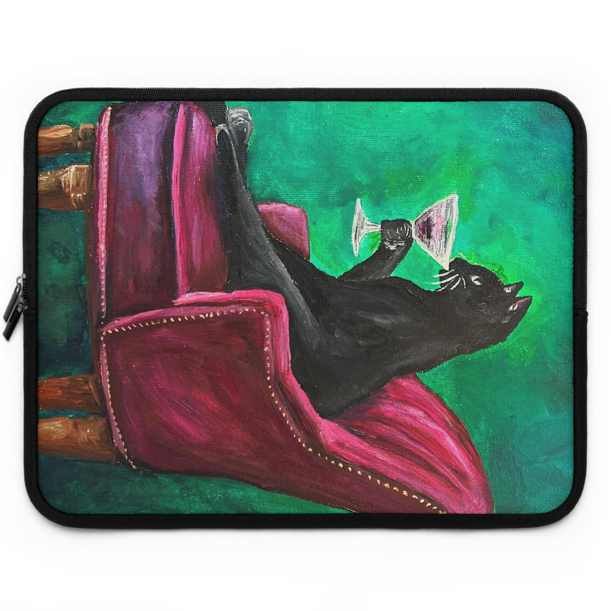 Whimsical Black Cat Cocktail Art Laptop Sleeve, Neoprene MacBook Case (Cat Lover Gift)