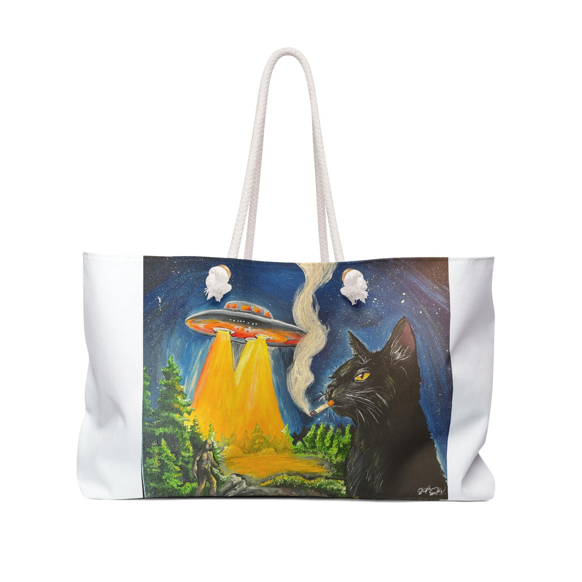 UFO Black Cat Bigfoot Weekender Bag, Cryptid Art Travel Tote (24"x13")