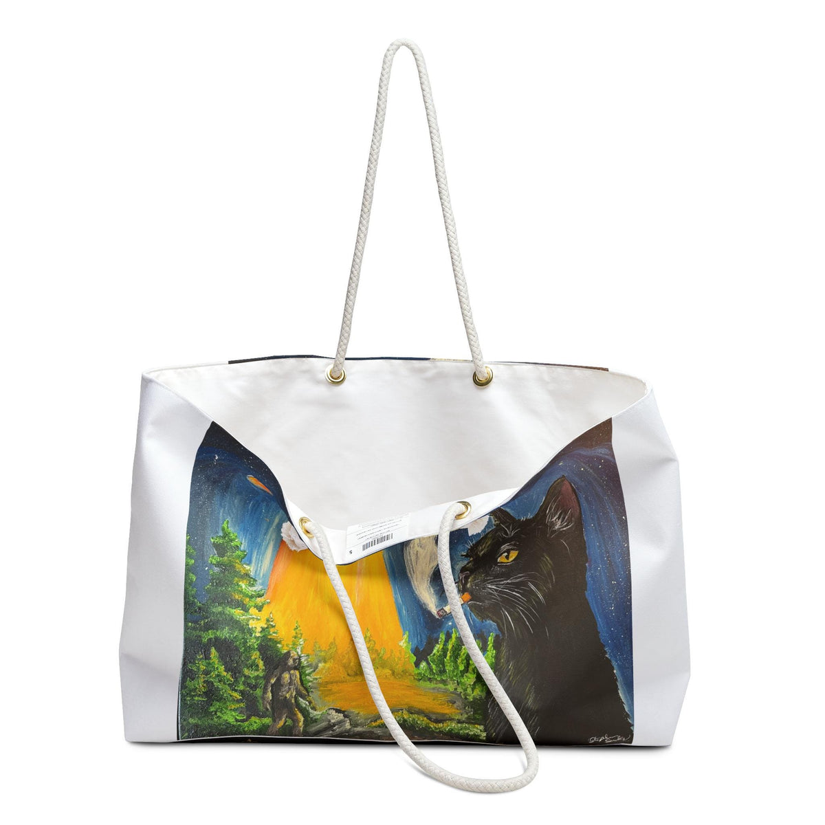 UFO Black Cat Bigfoot Weekender Bag, Cryptid Art Travel Tote (24"x13")