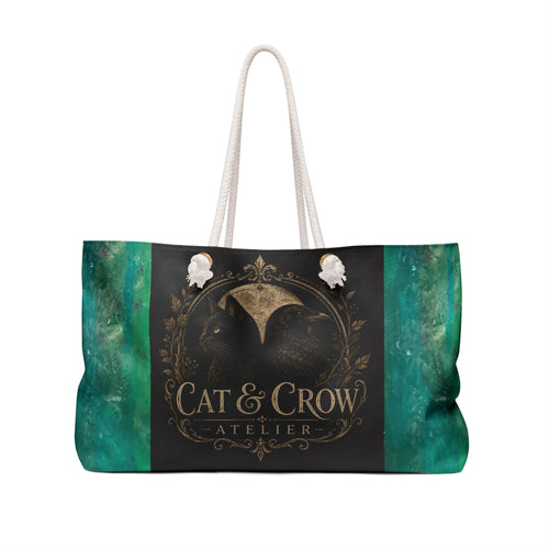 Black Cat and Raven Weekender Bag, Gothic Moon Emblem, Teal Watercolor Tote (24"x13")
