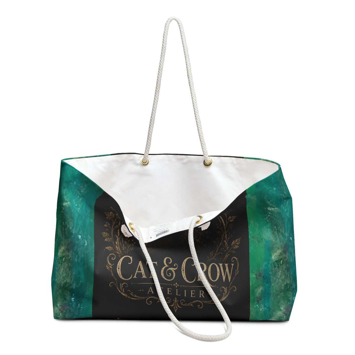 Black Cat and Raven Weekender Bag, Gothic Moon Emblem, Teal Watercolor Tote (24"x13")
