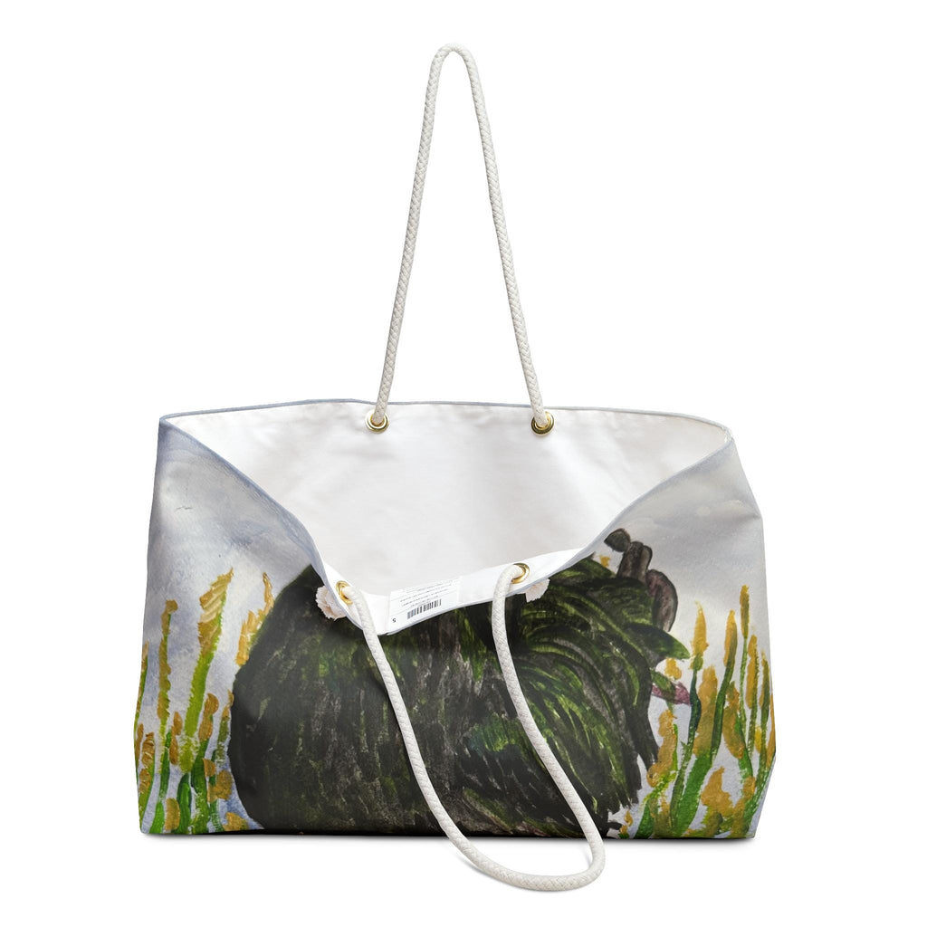 Black Rooster Weekender Bag, Farmhouse Art Travel Tote, Oversized Rope Handle Overnight Bag