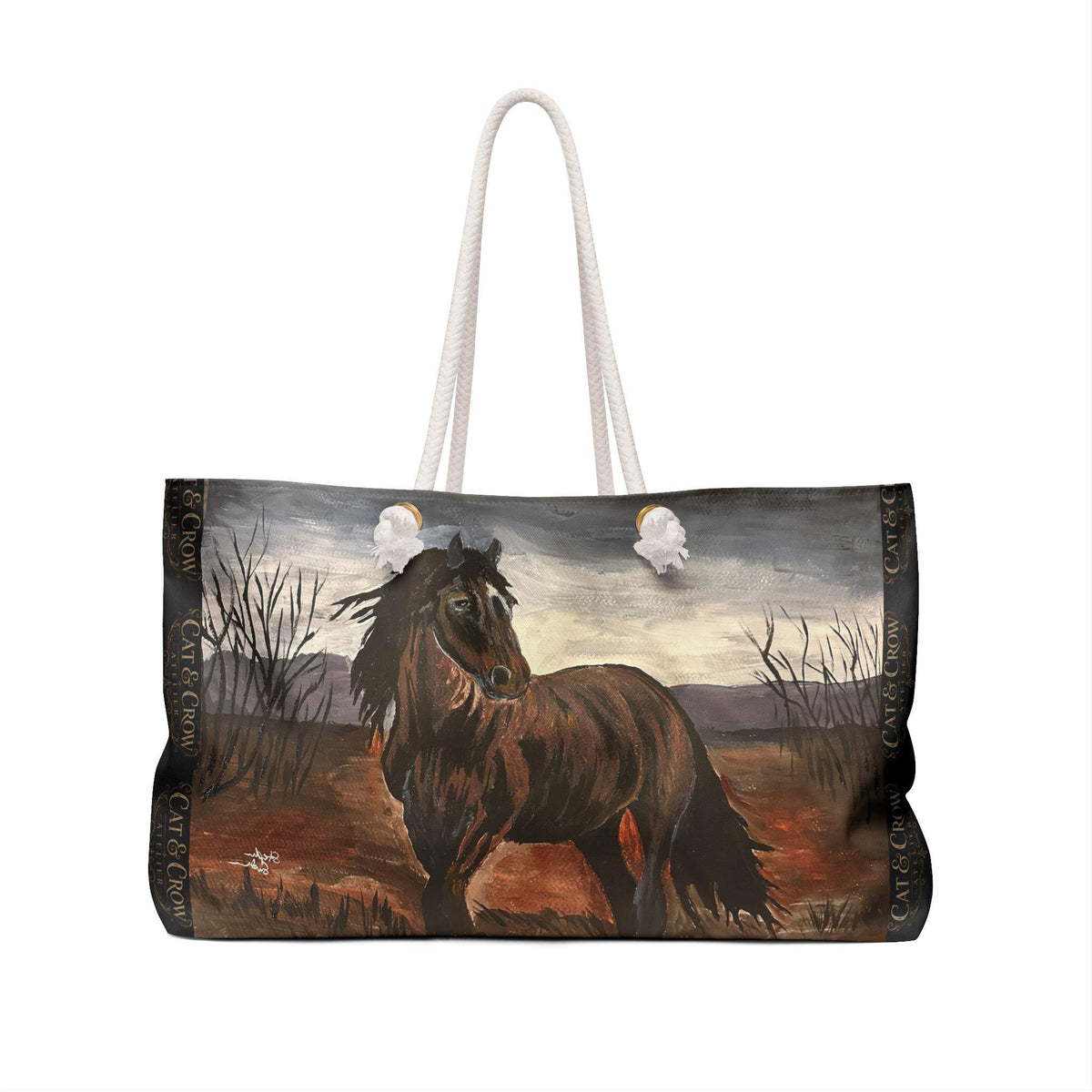 Dark Bay Horse Moorland Art Weekender Bag, Oversized Rope Handle Tote (24"x13")