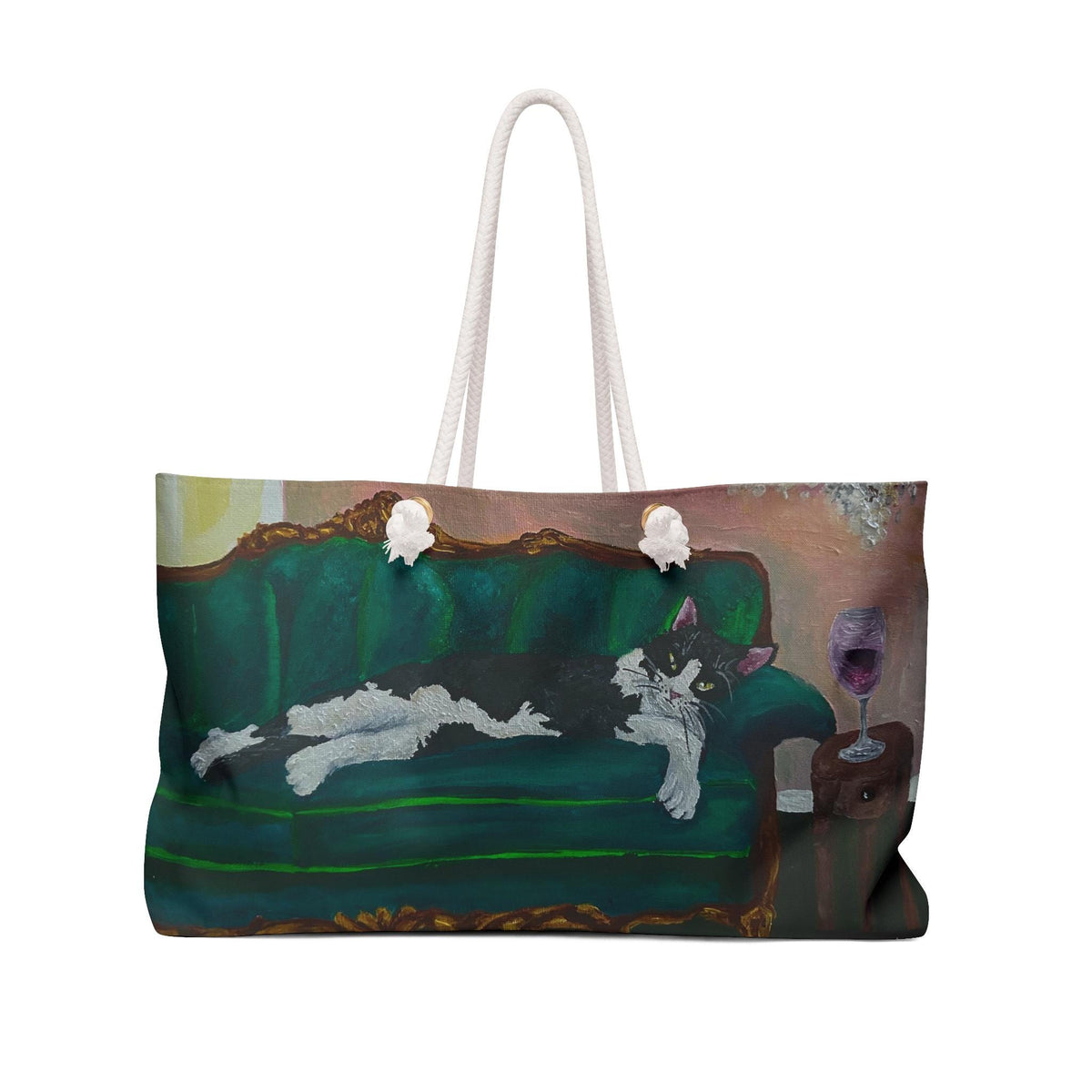 Tuxedo Cat on Sofa Weekender Bag, Wine Art Tote, Oversized Rope Handle Overnight Bag