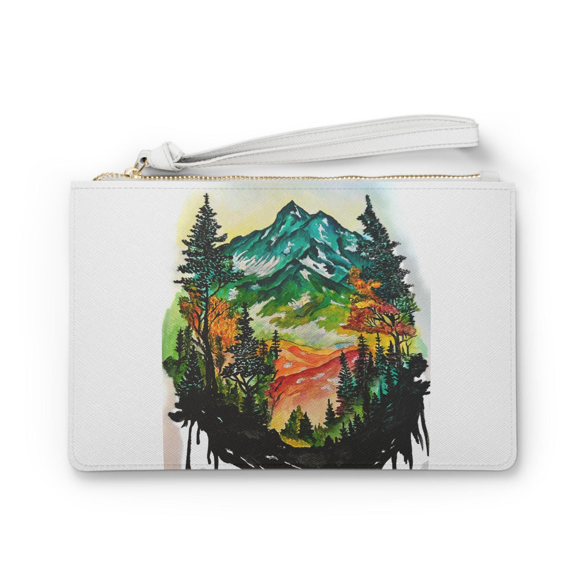 Watercolor Mountain Forest Clutch, Vegan Leather Wristlet Purse, Nature Lover Gift