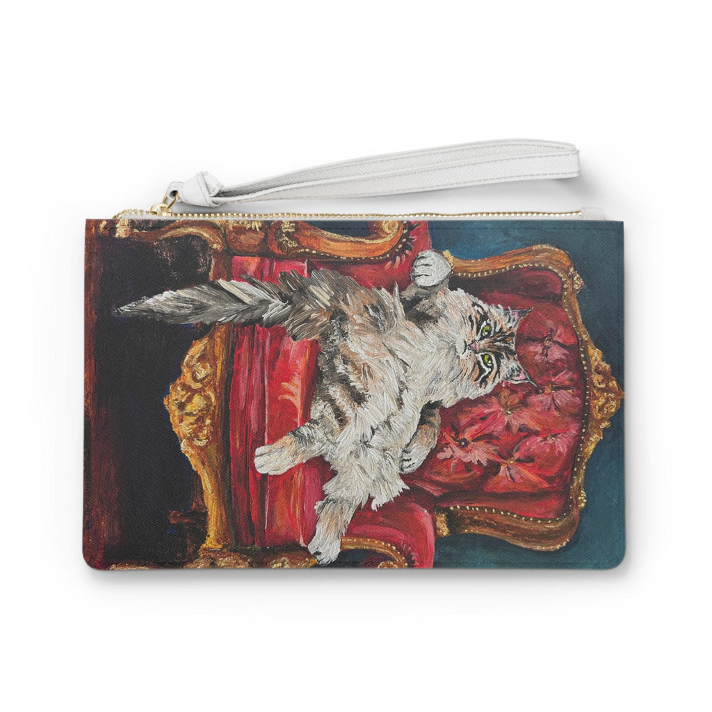 Tabby Cat on Red Velvet Throne Clutch, Maximalist Art Wristlet Purse (Vegan Leather)