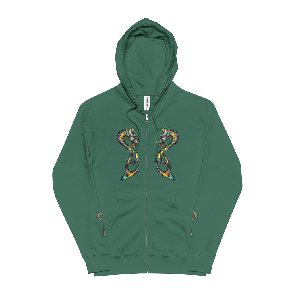 Norse Dragon Zip-Up Hoodie, Stained Glass Twin Serpents, Viking Fleece Jacket