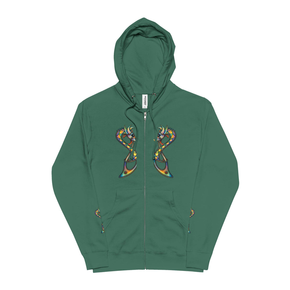 Norse Dragon Zip-Up Hoodie, Stained Glass Twin Serpents, Viking Fleece Jacket