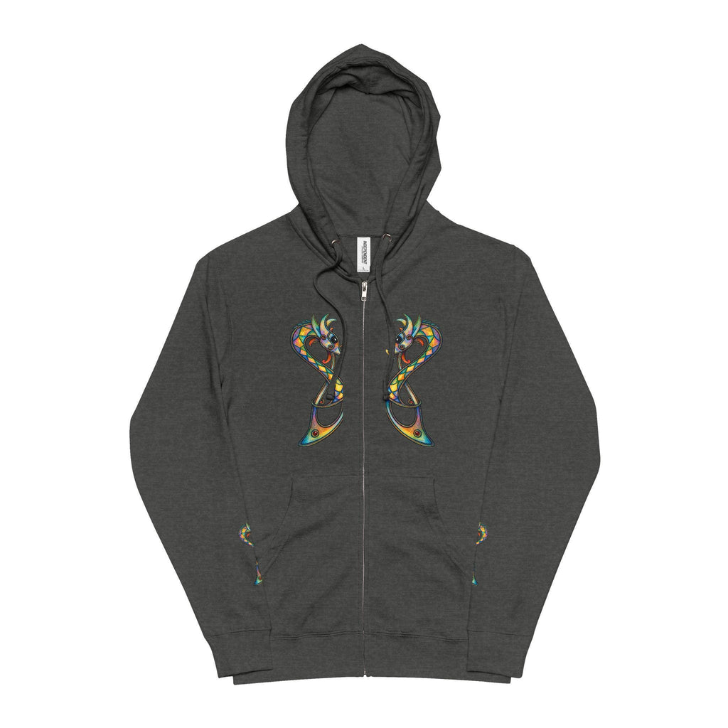 Norse Dragon Zip-Up Hoodie, Stained Glass Twin Serpents, Viking Fleece Jacket