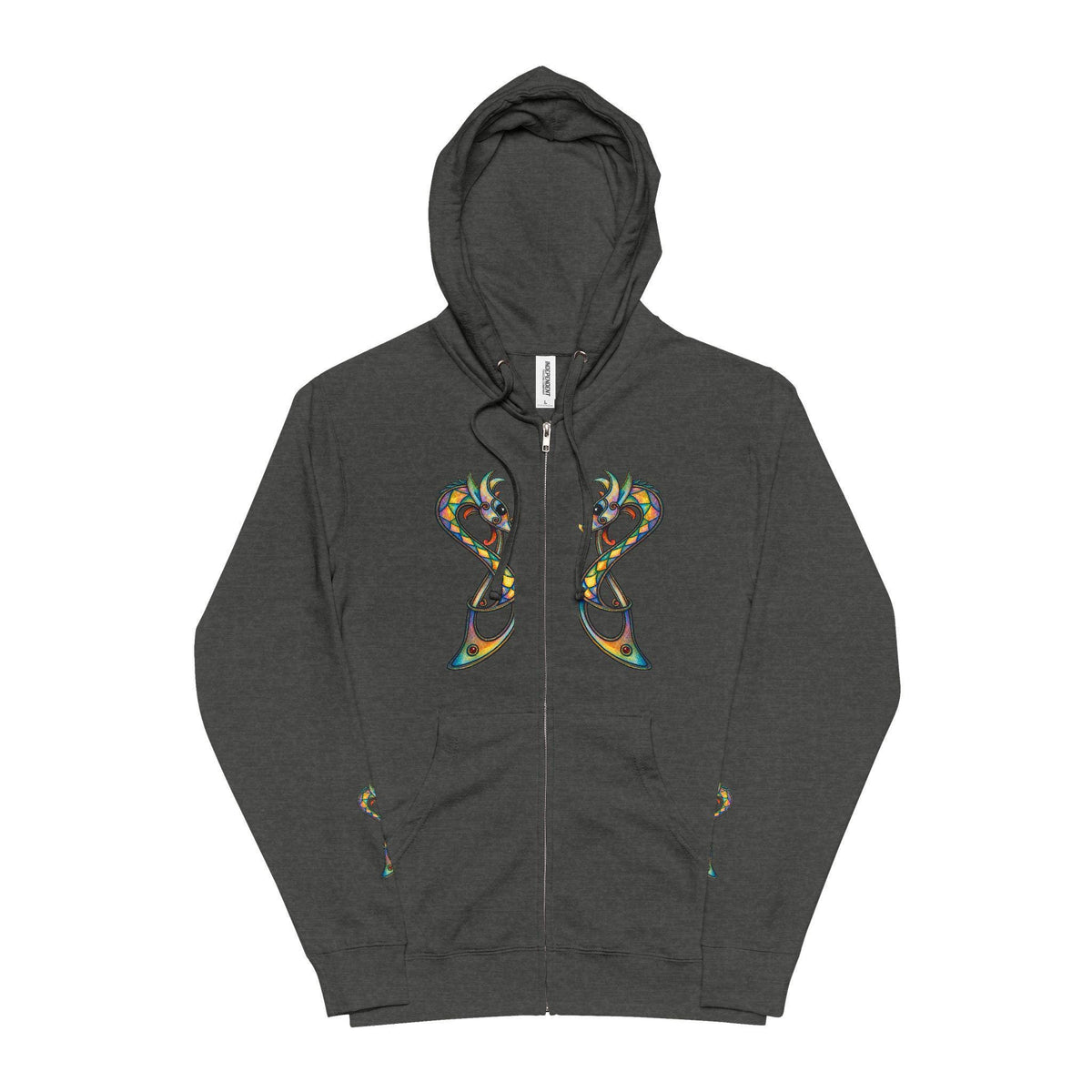 Norse Dragon Zip-Up Hoodie, Stained Glass Twin Serpents, Viking Fleece Jacket