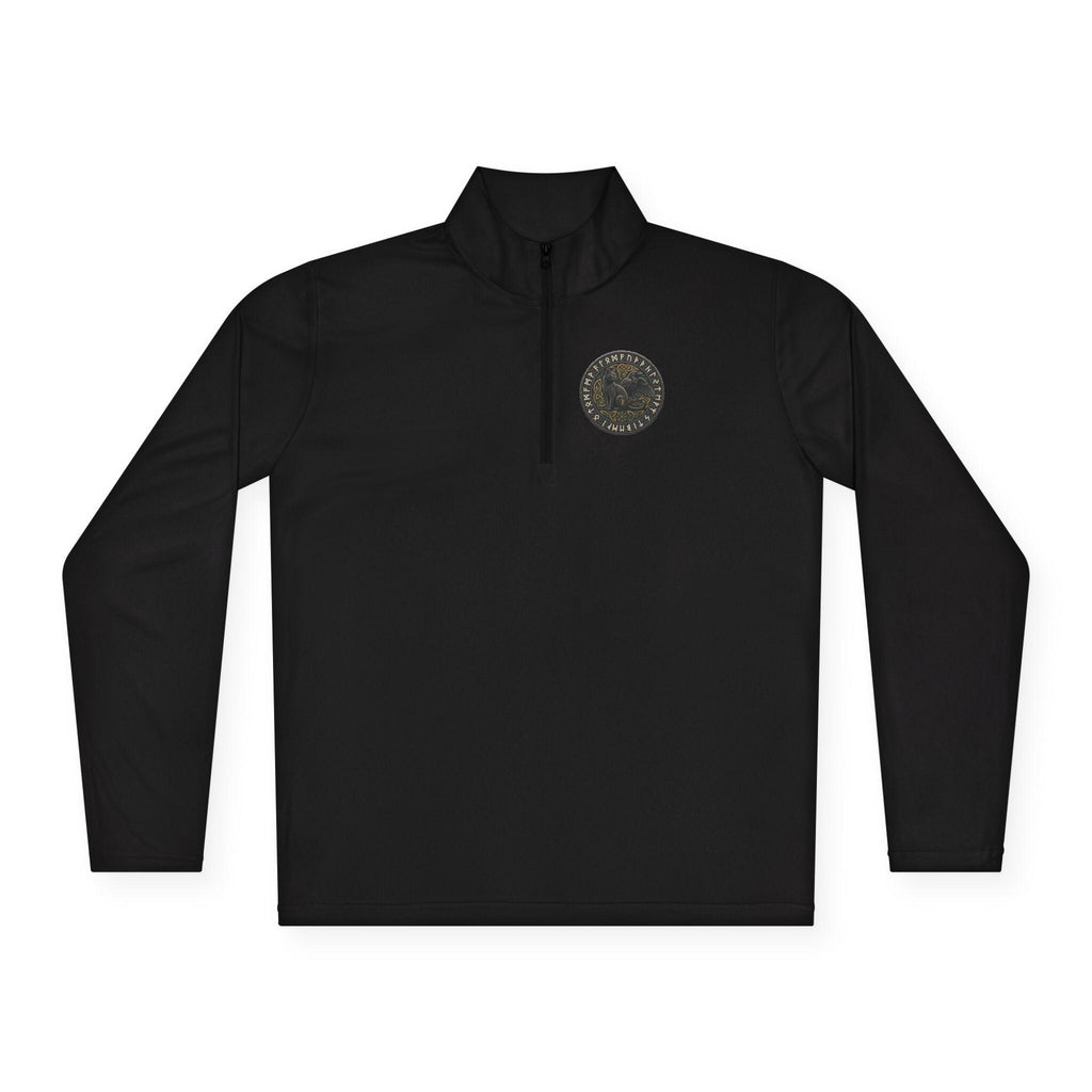 Viking Cat and Raven Quarter Zip Pullover, Norse Runic Crest Sweatshirt, Subtle Pagan Gift, Heathen Apparel