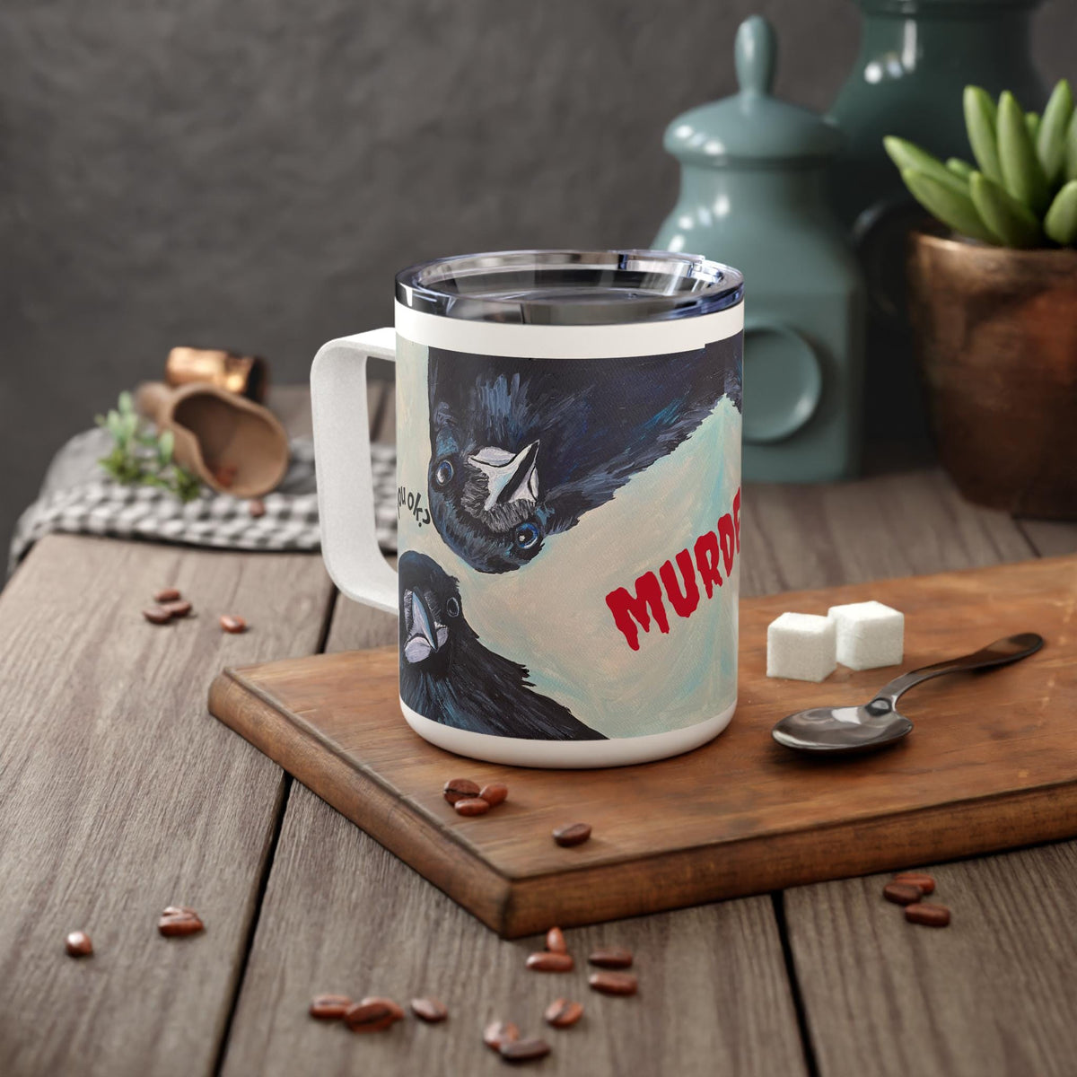 Murder of Crows Insulated Coffee Mug 10oz, Crow Art Travel Tumbler, Gothic Raven Gift for Corvid Lover, Dark Academia Cup