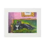 Maximalist Black Cat Martini Art Print, Green Velvet Settee, Whimsical Bar Cart Decor (Matted Print)