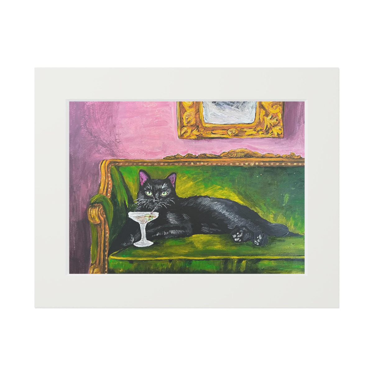 Maximalist Black Cat Martini Art Print, Green Velvet Settee, Whimsical Bar Cart Decor (Matted Print)