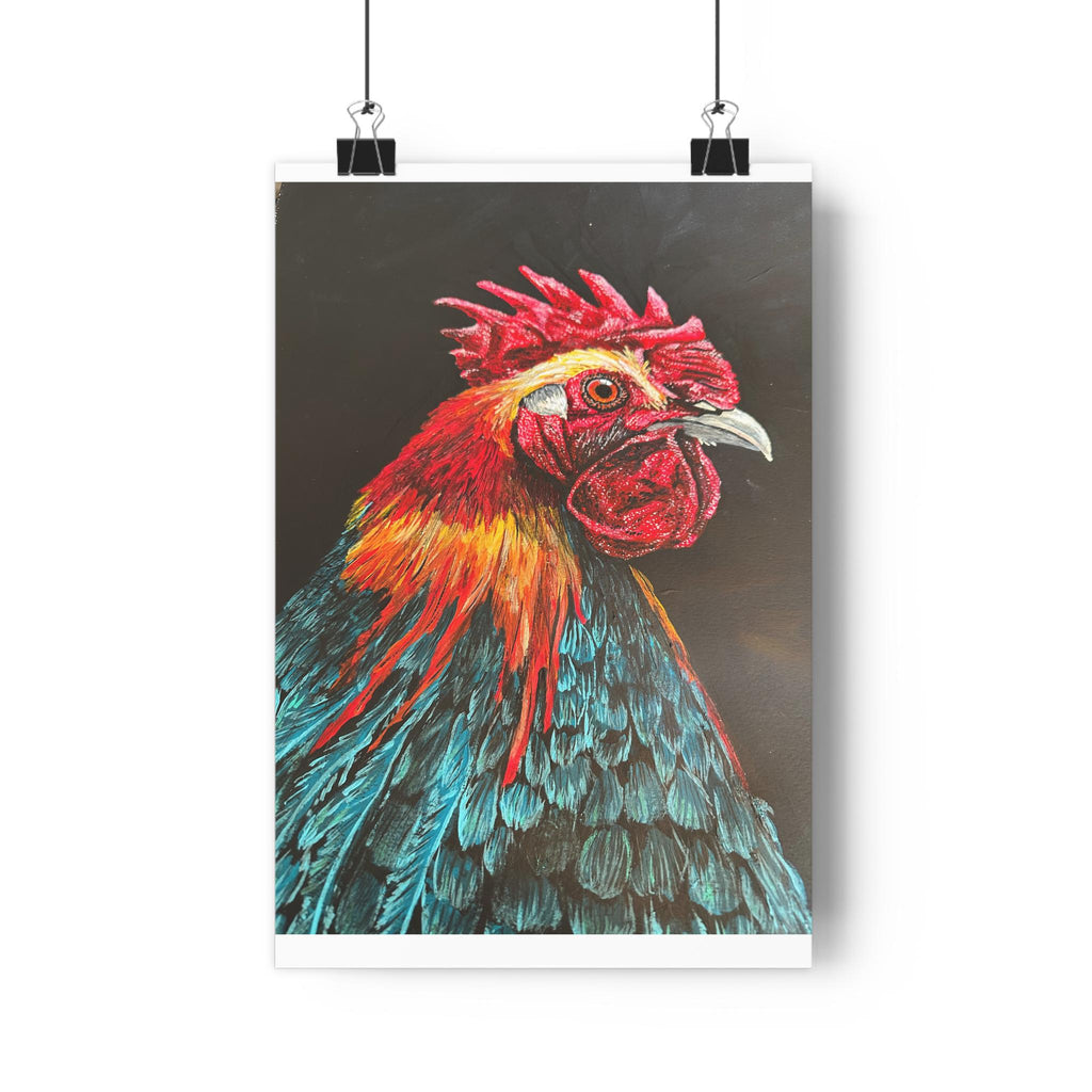 Rooster Giclee Art Print, Red Teal Portrait, Farmhouse Kitchen Decor