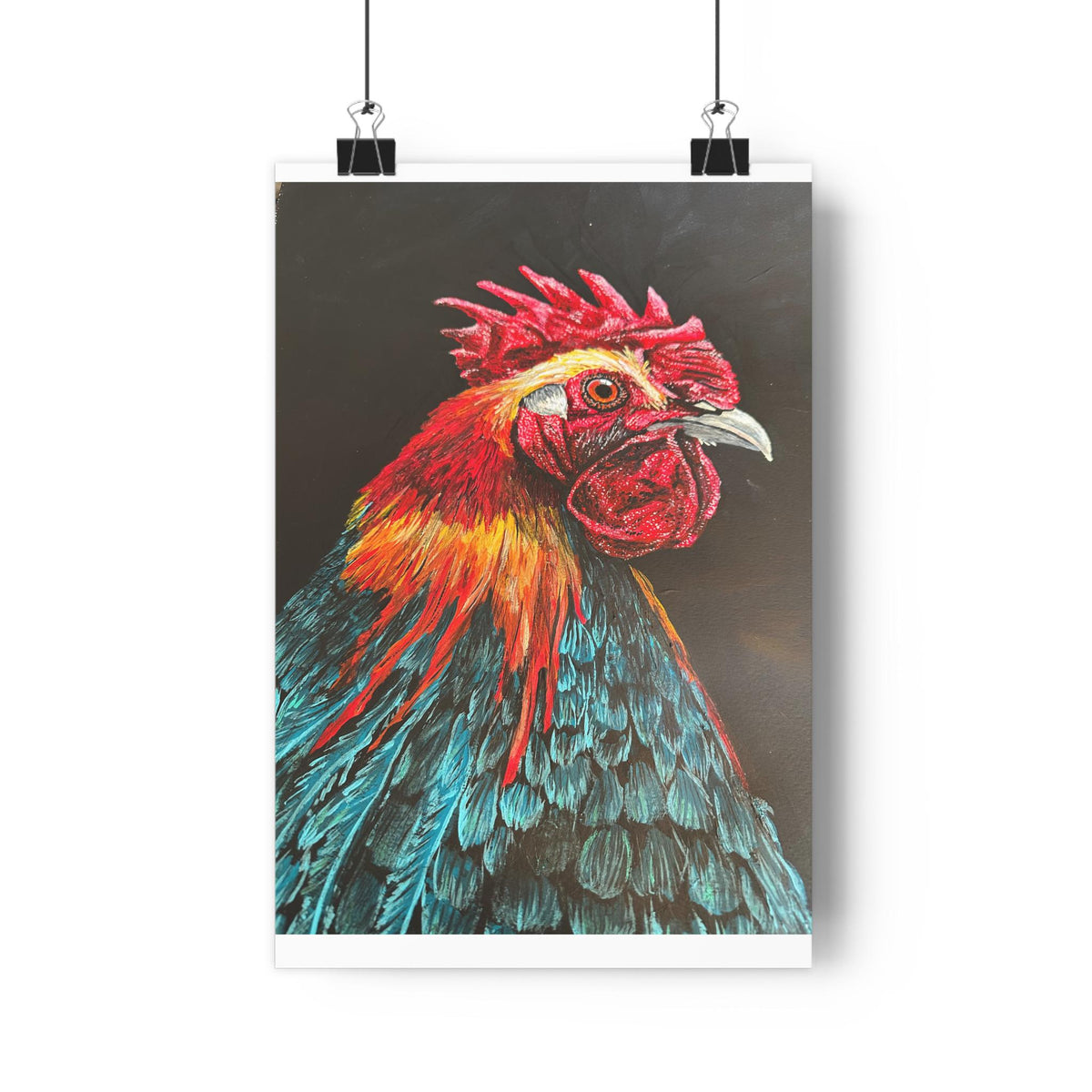 Rooster Giclee Art Print, Red Teal Portrait, Farmhouse Kitchen Decor