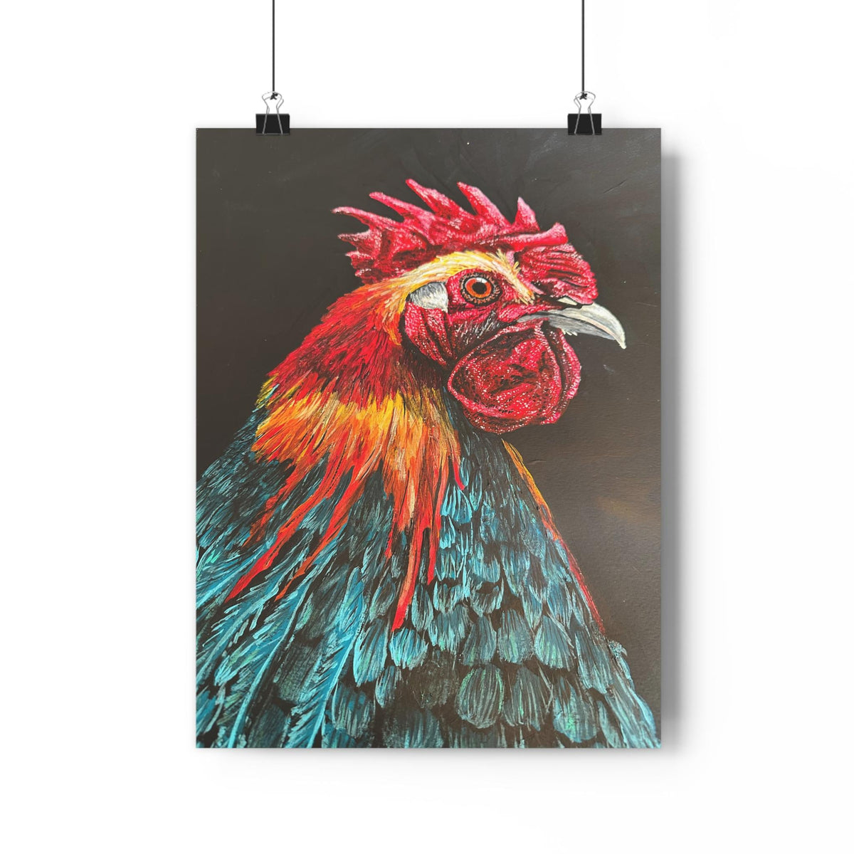 Rooster Giclee Art Print, Red Teal Portrait, Farmhouse Kitchen Decor