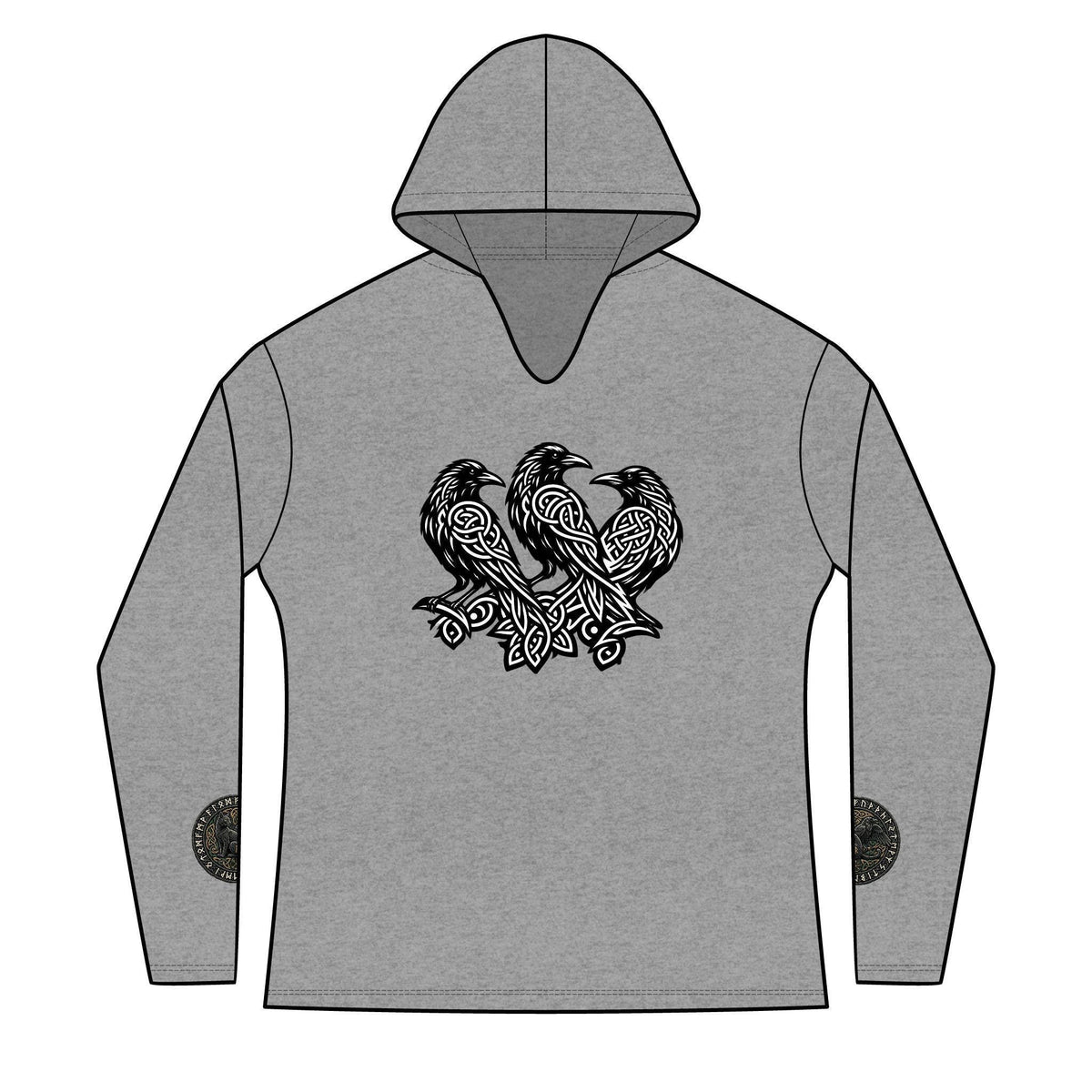Three Ravens Norse Hoodie, Viking Knotwork, Runic Split V-Neck Top (Tri-Blend)