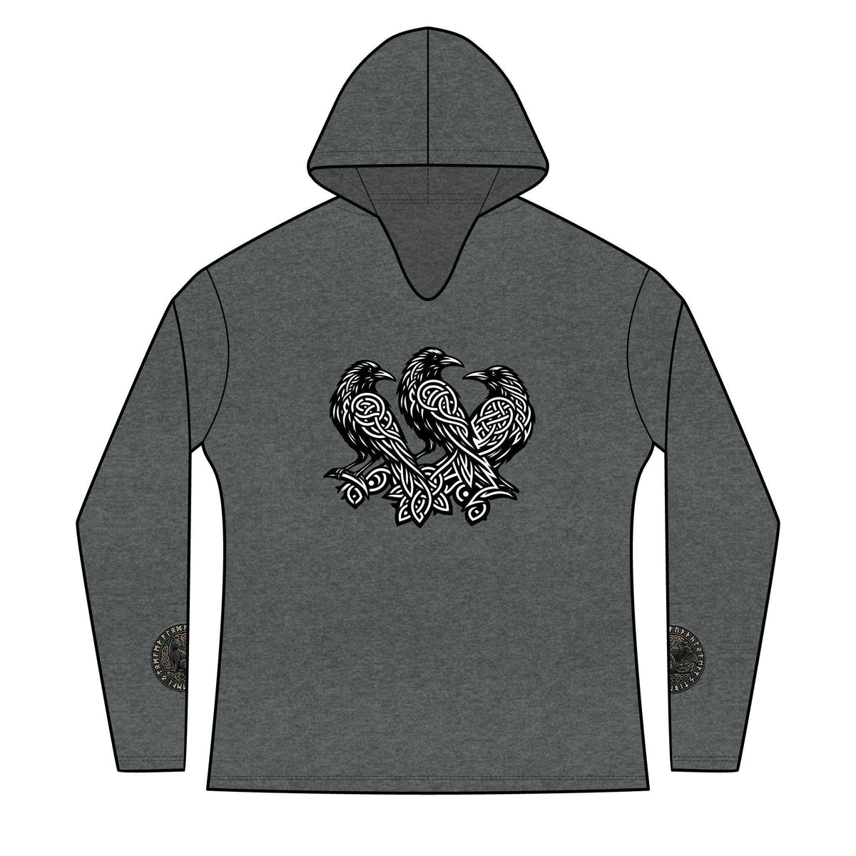 Three Ravens Norse Hoodie, Viking Knotwork, Runic Split V-Neck Top (Tri-Blend)