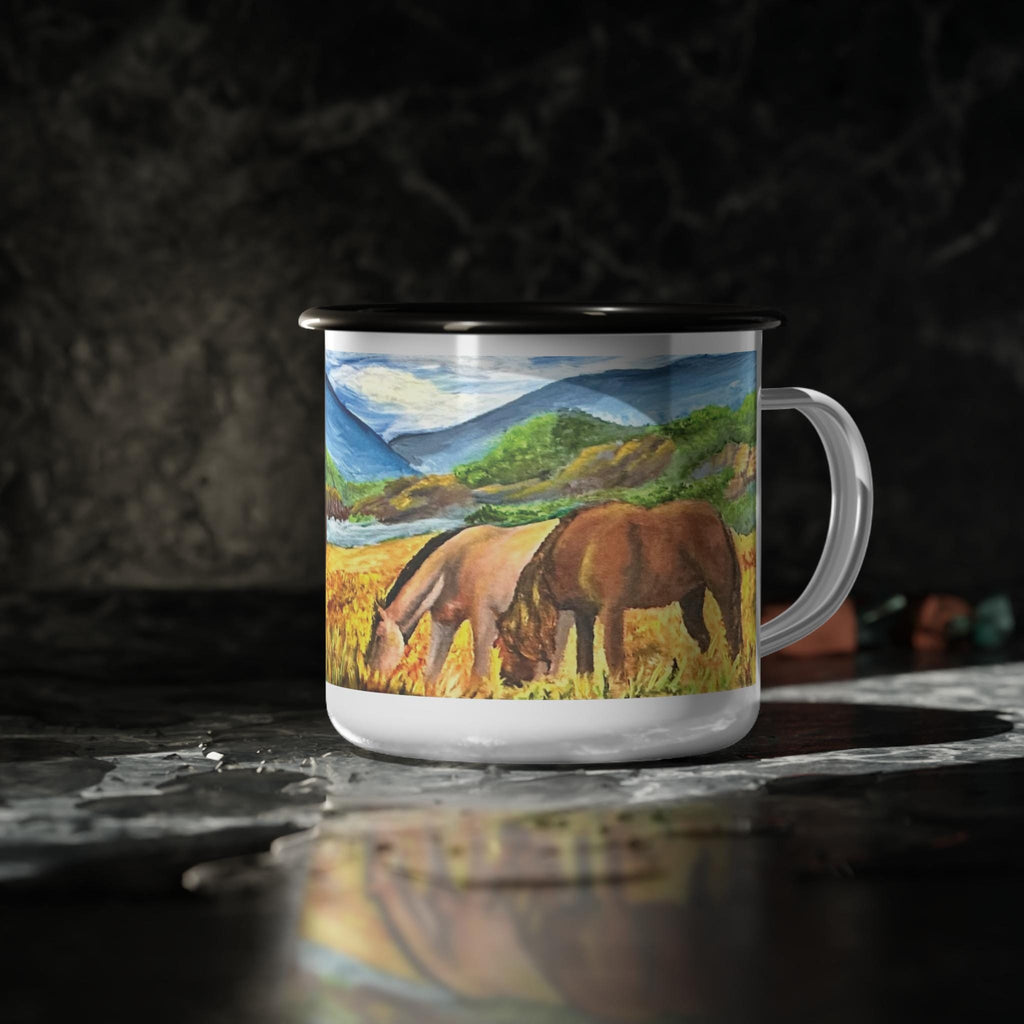 Enamel Camp Mug, Wild Horses Painting, Western Ranch Art, Equestrian Gift (12oz)