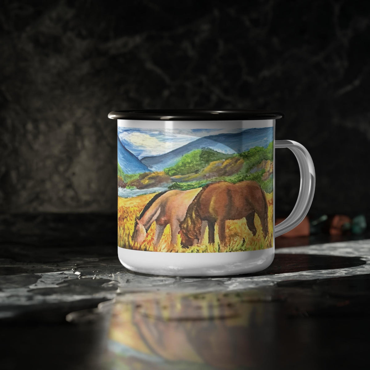 Enamel Camp Mug, Wild Horses Painting, Western Ranch Art, Equestrian Gift (12oz)