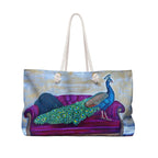 Peacock Velvet Chaise Painting Weekender Bag, Maximalist Bird Art Tote (24"x13")