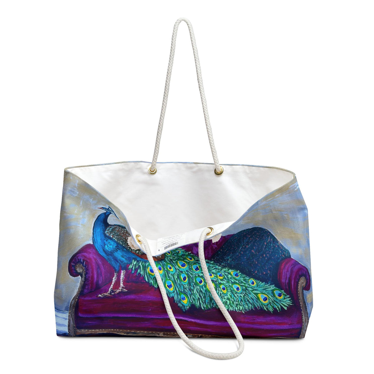 Peacock Velvet Chaise Painting Weekender Bag, Maximalist Bird Art Tote (24"x13")