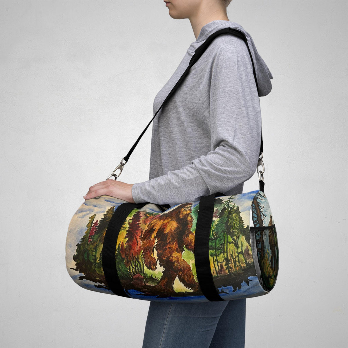 Bigfoot Watercolor Duffel Bag, Autumn Forest Gym Holdall, Cryptid Travel Bag