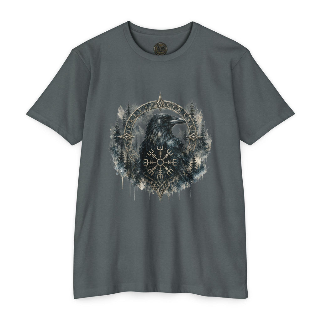 Vegvisir Raven T-Shirt, Norse Runic Compass, Viking Forest Crow Tee