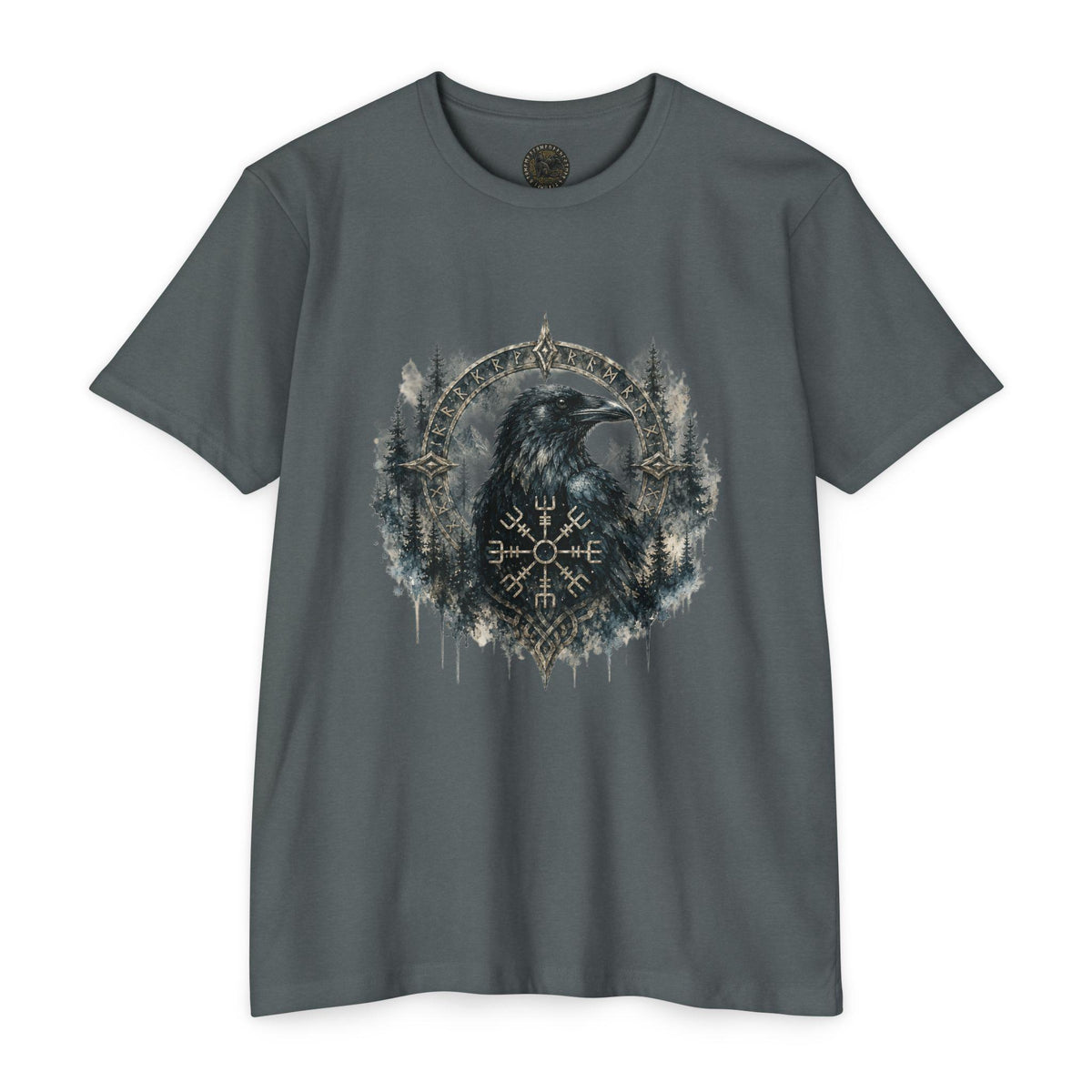 Vegvisir Raven T-Shirt, Norse Runic Compass, Viking Forest Crow Tee