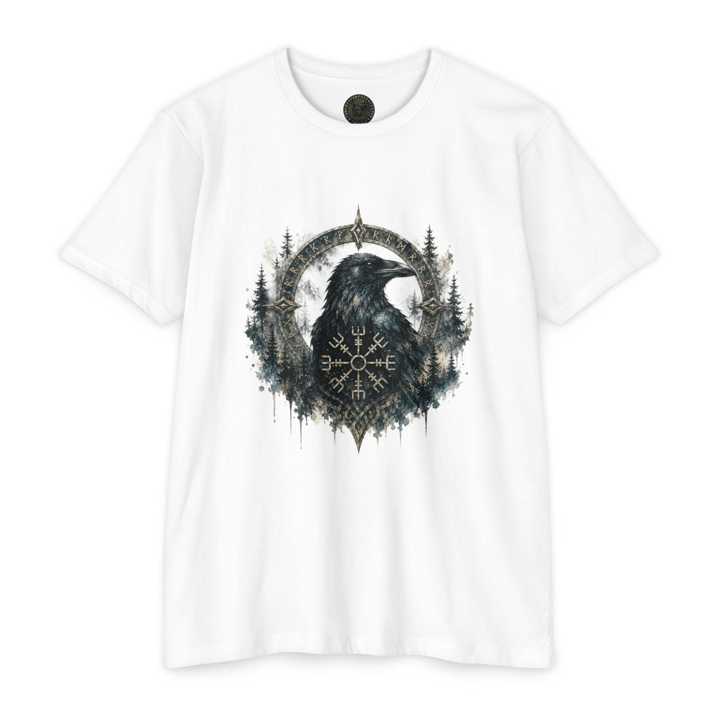 Vegvisir Raven T-Shirt, Norse Runic Compass, Viking Forest Crow Tee