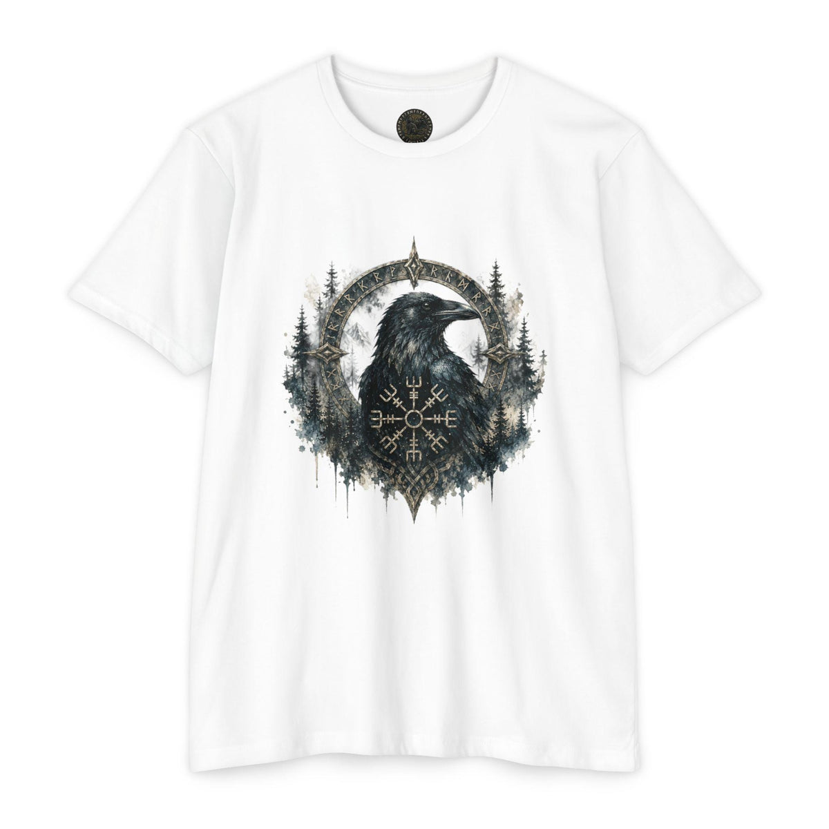 Vegvisir Raven T-Shirt, Norse Runic Compass, Viking Forest Crow Tee