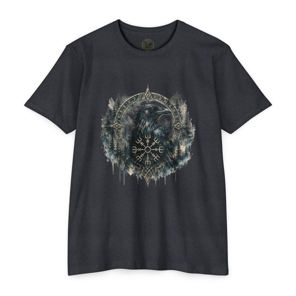 Vegvisir Raven T-Shirt, Norse Runic Compass, Viking Forest Crow Tee