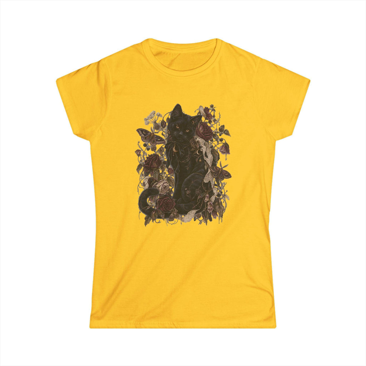 Black Cat Gothic Floral Tee, Roses, Moths, Lace, Cottagecore Shirt