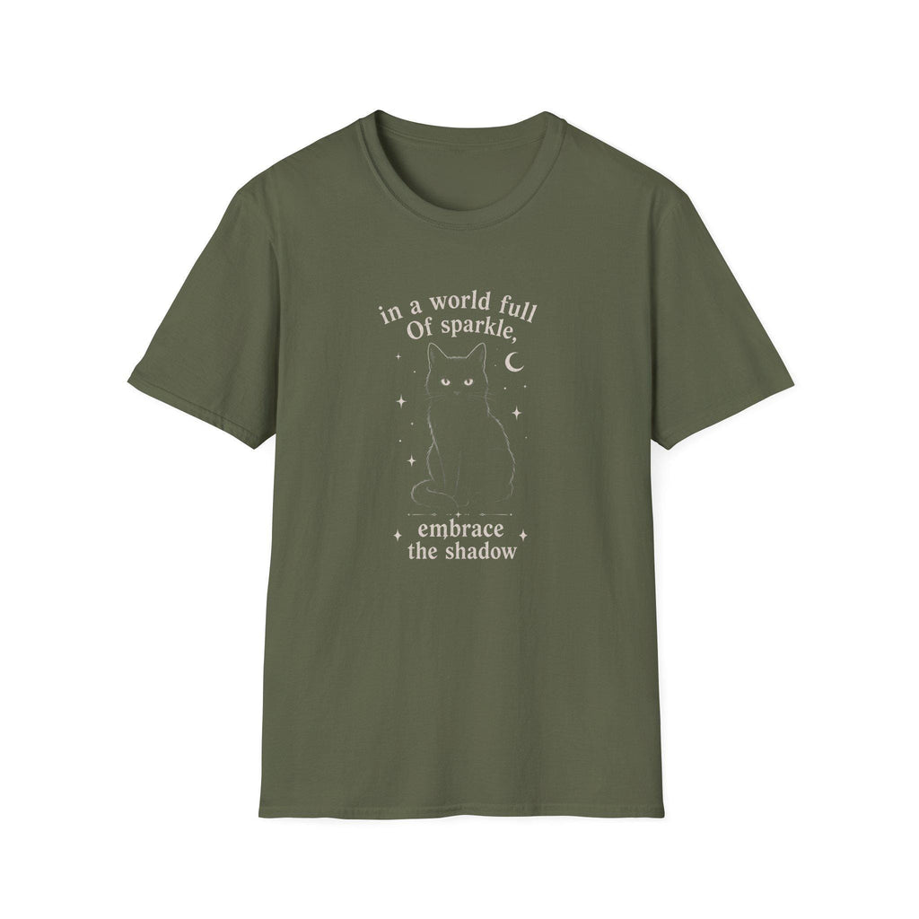 Embrace the Shadow Black Cat Tee, Witchy Moon Design, Dark Academia Gift