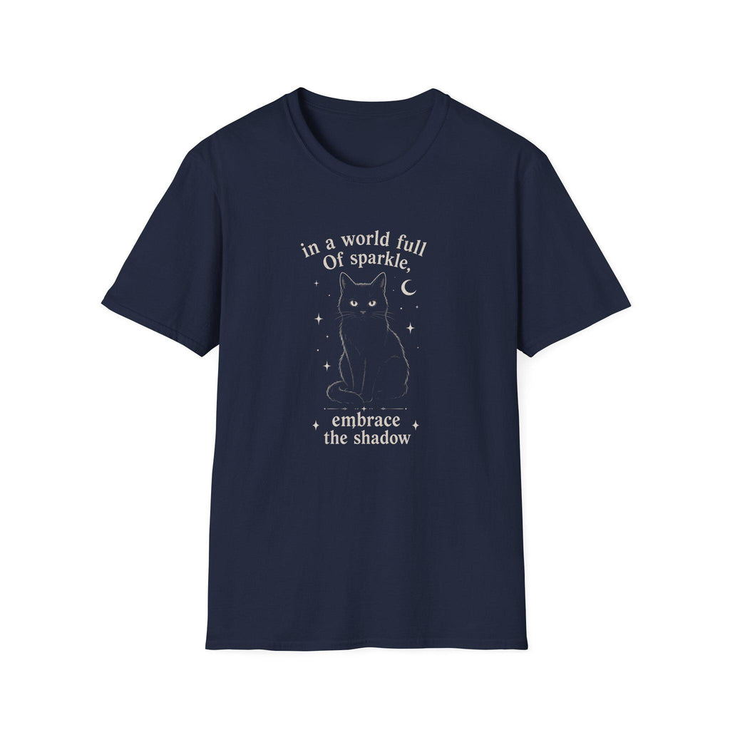 Embrace the Shadow Black Cat Tee, Witchy Moon Design, Dark Academia Gift