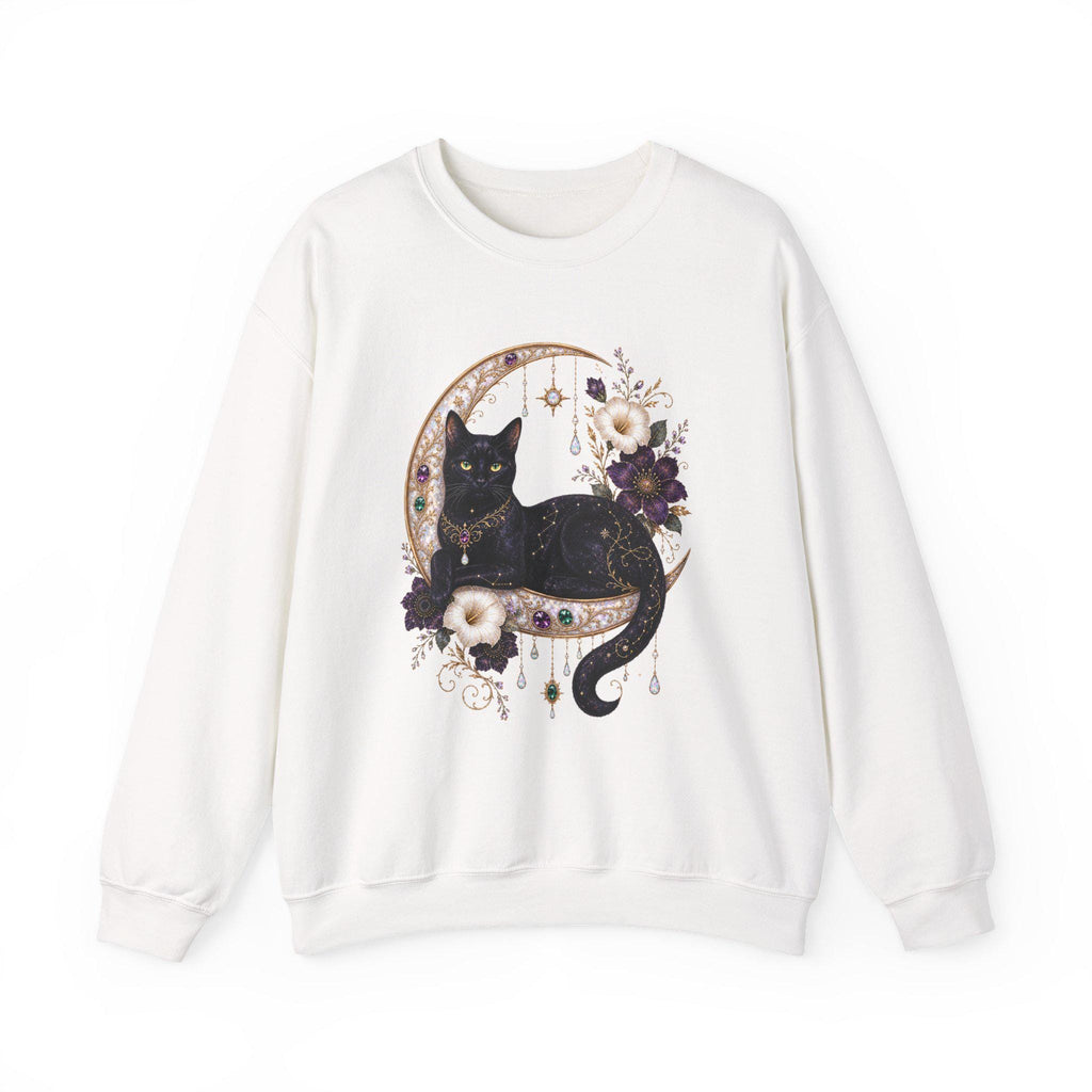 Black Cat on Jewelled Crescent Moon Sweatshirt, Celestial Witchy Art (Heavy Blend)