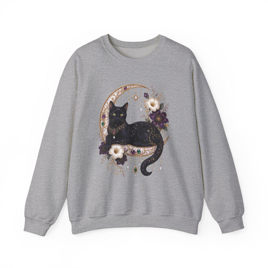 Black Cat on Jewelled Crescent Moon Sweatshirt, Celestial Witchy Art (Heavy Blend)