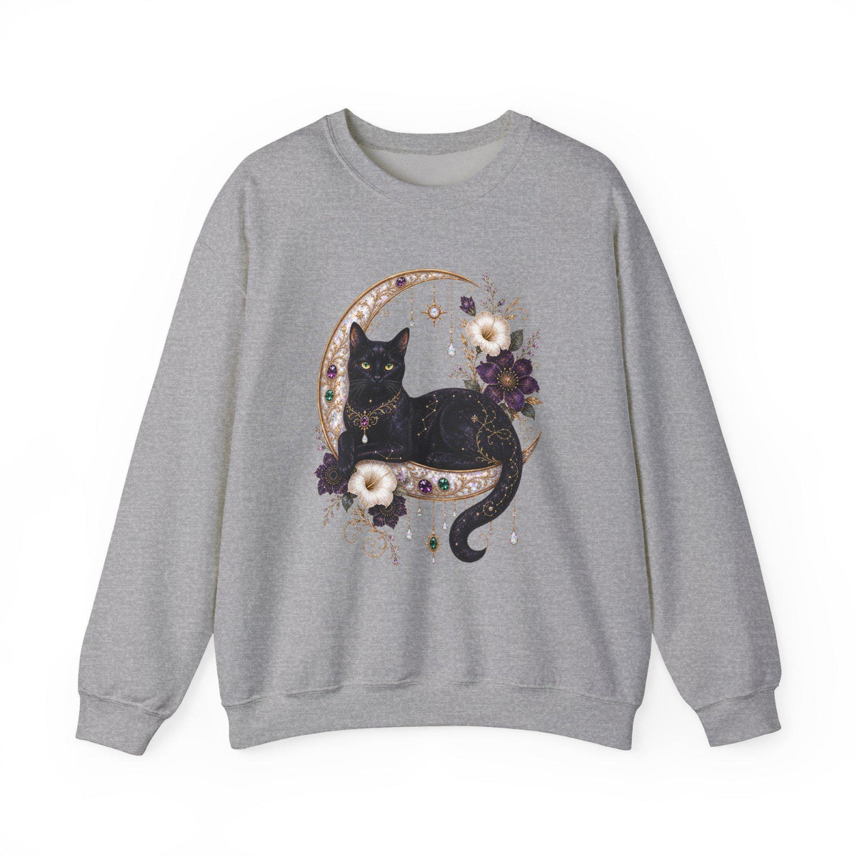 Black Cat on Jewelled Crescent Moon Sweatshirt, Celestial Witchy Art (Heavy Blend)