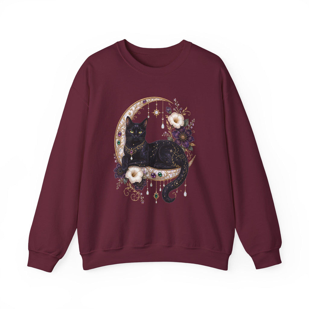 Black Cat on Jewelled Crescent Moon Sweatshirt, Celestial Witchy Art (Heavy Blend)