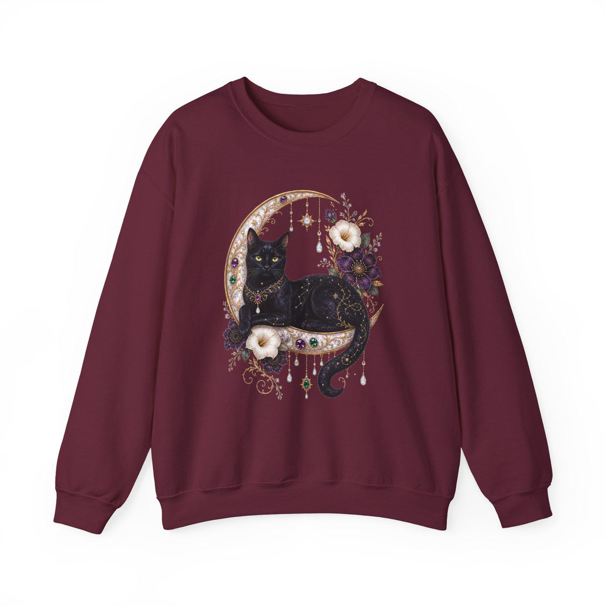 Black Cat on Jewelled Crescent Moon Sweatshirt, Celestial Witchy Art (Heavy Blend)