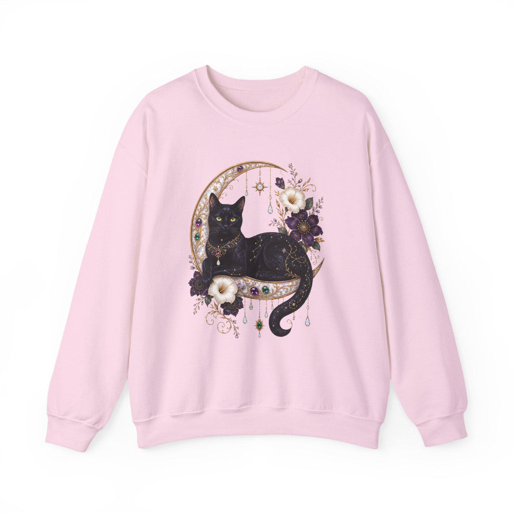 Black Cat on Jewelled Crescent Moon Sweatshirt, Celestial Witchy Art (Heavy Blend)