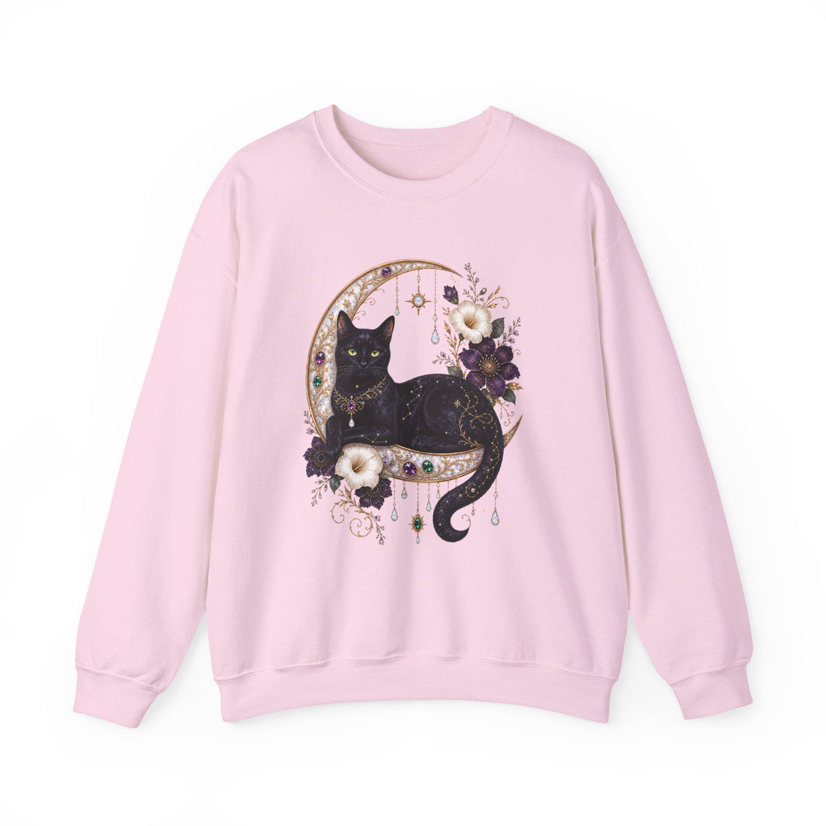 Black Cat on Jewelled Crescent Moon Sweatshirt, Celestial Witchy Art (Heavy Blend)